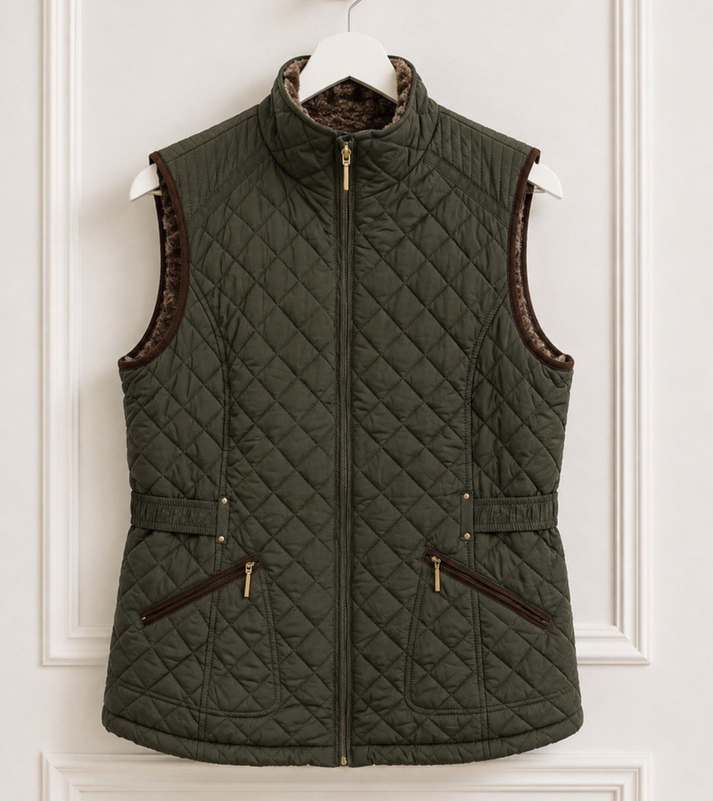 NWT Weatherproof Womens XL Quilted Faux Fur Lined Zip Up Vest Olive Green Brown